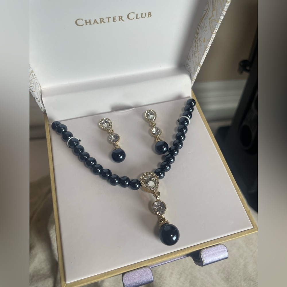 Charter Club Black Bead Necklace and Earrings Set with Gold-Tone Accents